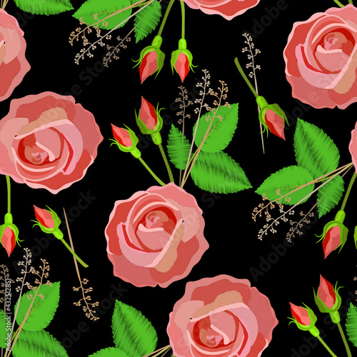 Vector seamless with rose flower embroidery stitches imitation