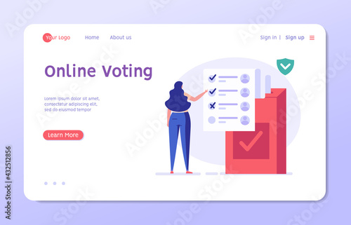 Online Voting and Election Campaign. Woman Voting with Vote Box and Calling for Vote. Concept of Election Day, Making Choice, Balloting Paper, Democracy. Vector illustration for UI, mobile app