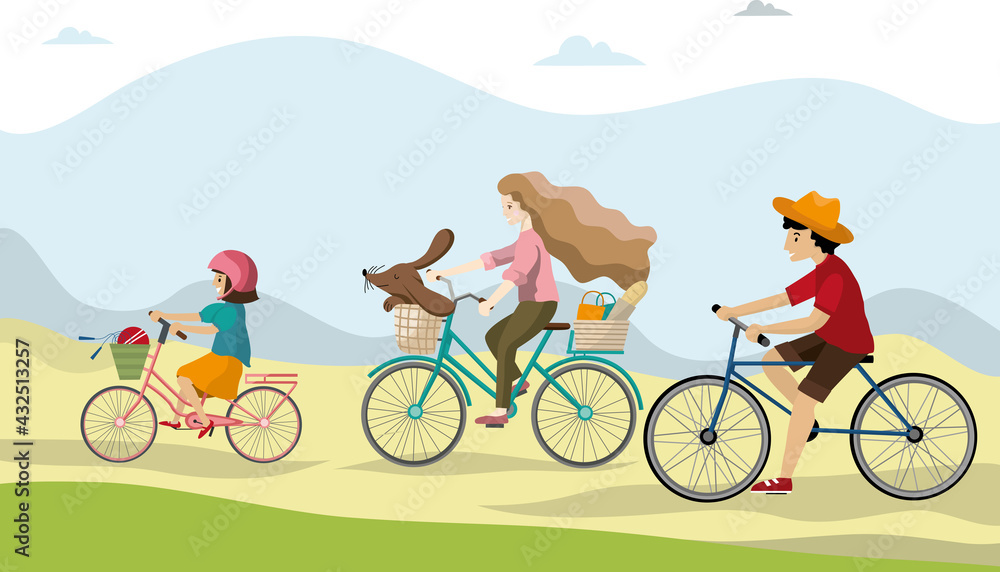 Active holidays. Father and daughter are riding bikes. Vector illustration of a flat design Active holidays. Father and daughter are riding bikes. Vector illustration of a flat design