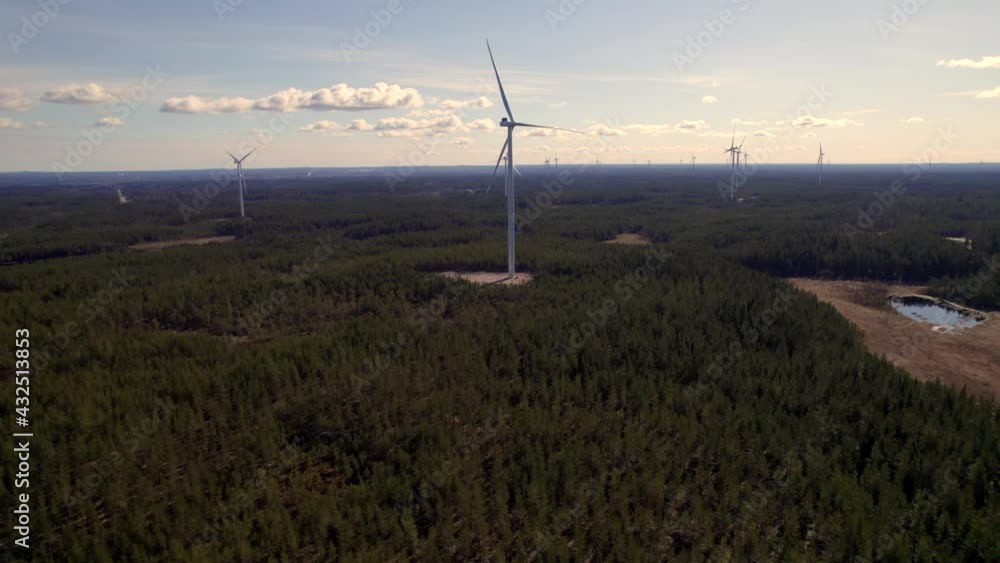 Wind Power Turbine Farm In Vast Boreal Forest, Wind Power Industry, Aerial Wind Power Turbine Farm In Vast Boreal Forest, Wind Power Industry, Aerial