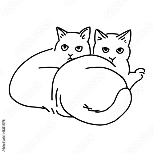 くっついている二匹の猫の線画イラスト