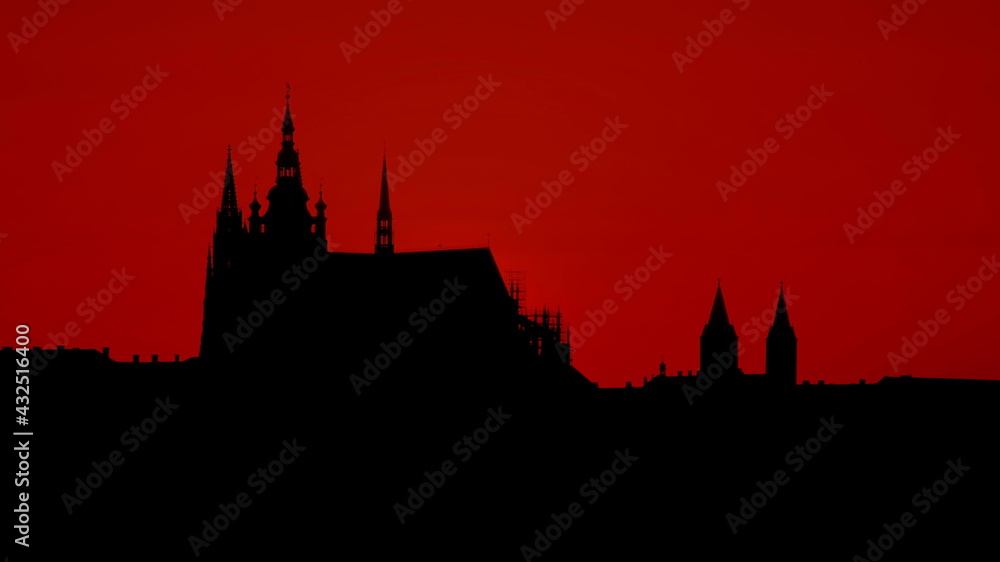 Prague. St. Vitus Cathedral silhouette during sunset