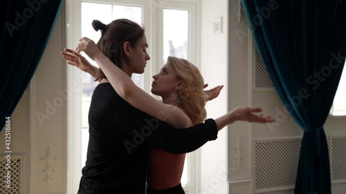 sensual lovers are embracing in room, young man is hugging his beloved girlfriend