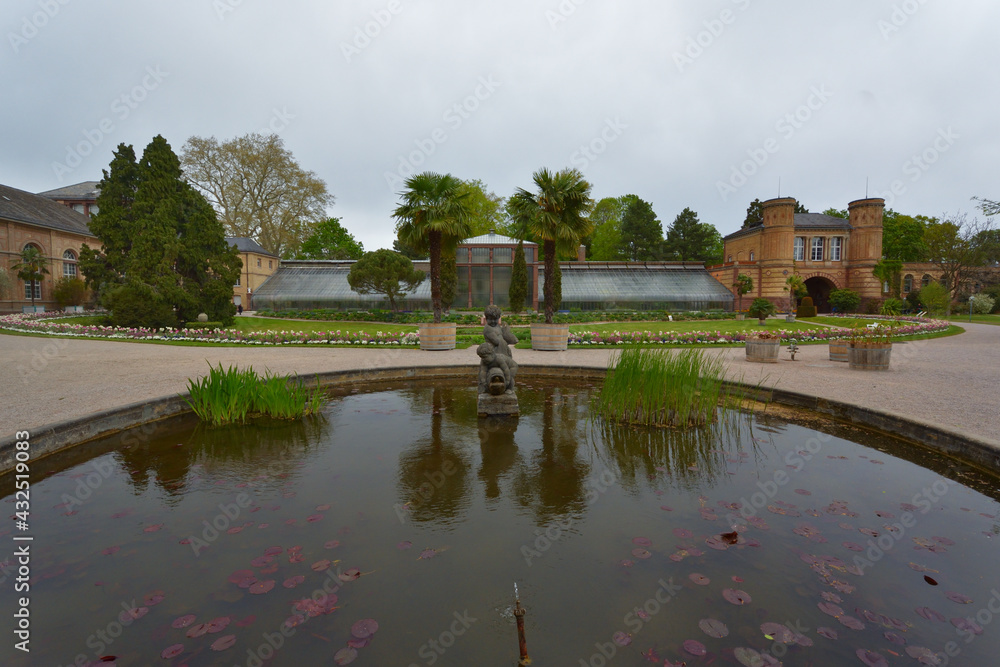 Fototapeta premium Karlsruhe, Germany: Orangery building at botanical gardens, castle grounds, Karlsruhe, Baden-Wuerttemberg, Germany