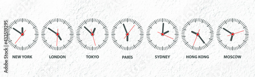 wall background with round city clocks.