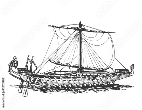 Galley of the ancient Greeks. Wooden sailboat with oars. Graphic hand drawing. Vector