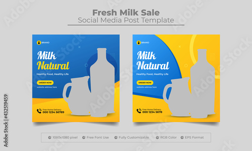 Fresh organic milk product sale social media post and web banner bundle template, milk sale instagram post template set,