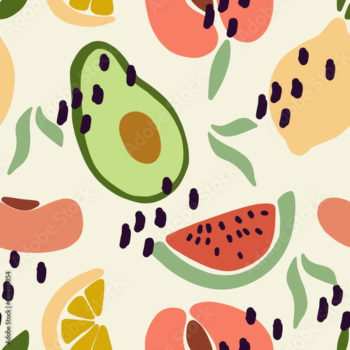 Hand drawn watermelon slice, peach slice, half of avocado fruit and lemon cirtus on the seamless pattern