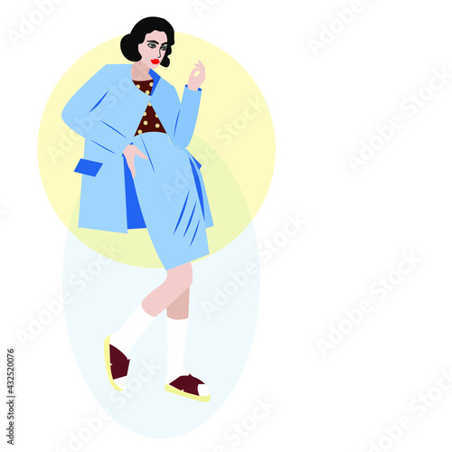 Illustration. A girl in a blue suit and a polka-dot blouse in white knee socks and open flip-flops on a background of blue and yellow. Vector 10 eps. Space for text