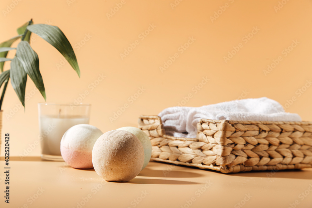 spa concept with towel, candle and Aromatic bath bombs spa concept with towel, candle and Aromatic bath bombs