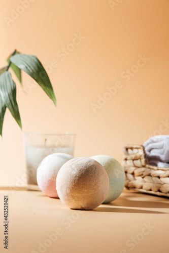spa concept with towel  candle and Aromatic bath bombs 
