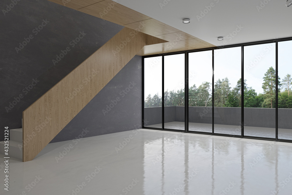 Fototapeta premium Illustration 3D rendering large luxury modern bright interiors Living room mockup computer digitally generated image