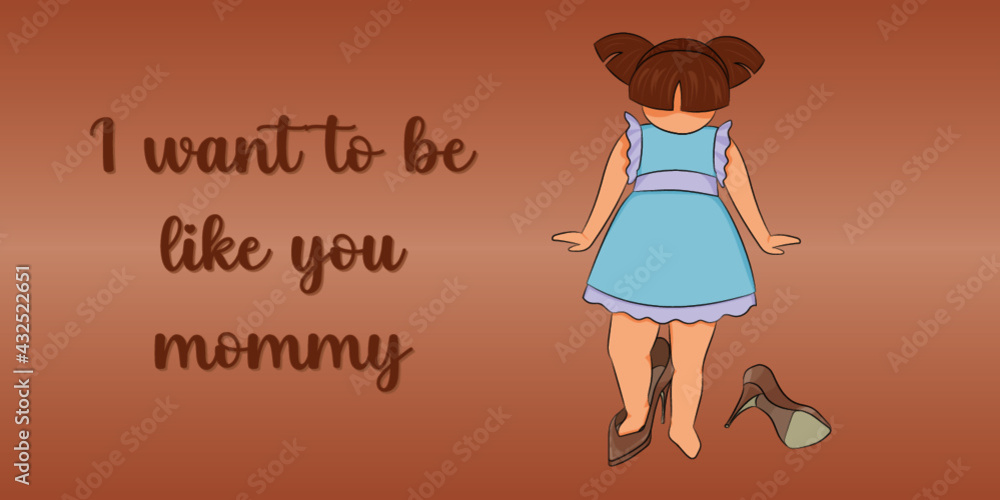 Bambina con vestitino azzurro che indossa le scarpe della mamma. Festa della mamma. Festa della donna. Bambina con vestitino azzurro che indossa le scarpe della mamma. Festa della mamma. Festa della donna.