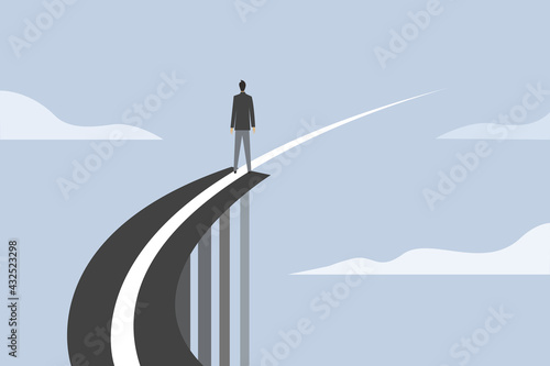 Conceptual illustration of a businessman stands on the edge of a broken bridge and its divider line continues