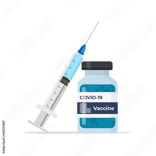 Medical syringe with needle and vial isolated on white background. Vaccine and vaccination concept. Coronavirus vaccine. Vector stock