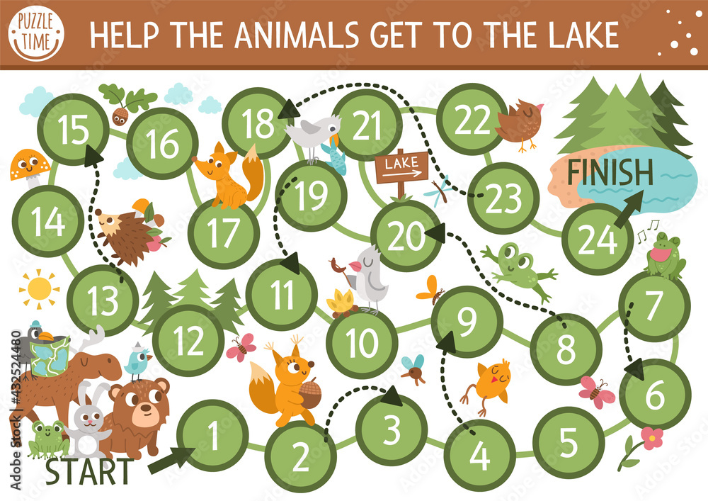 Summer camp dice board game for children with cute woodland animals