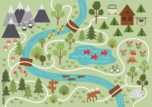 Camping map. Summer camp background. Vector nature clip art or infographic elements with mountains, trees, forest, moose, river, bike, cable car. Hiking, trekking or campfire plan. .