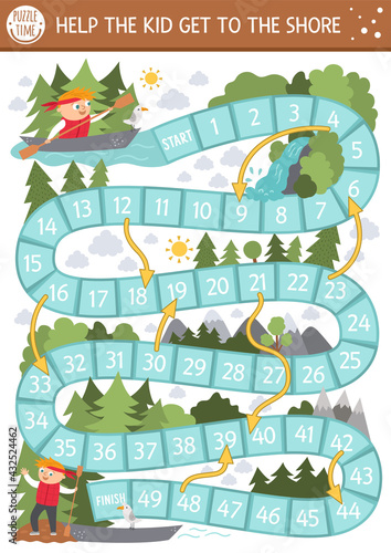 Summer camp dice board game for children with cute rafting kid. Active holidays boardgame with boy on the boat swimming to the shore. Family trip activity. Nature outdoor printable worksheet .