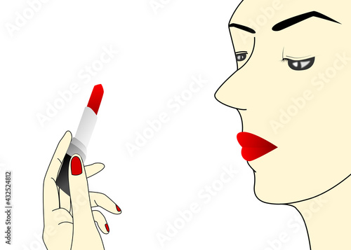 Side view of beautiful woman face with red lip and her hand holding red lipstick for apply to mouth isolated on white background with free copy space.