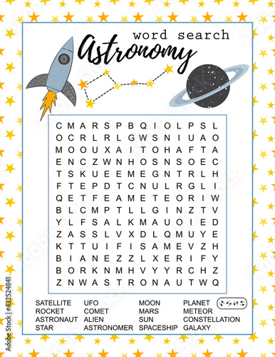 Astronomy word search puzzle. Educational game for learning English words. Space theme. Printable vector illustration. 
