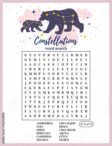 Constellations word search puzzle. Educational logic game. Printable worksheet for learning English words about space. Ursa major, ursa minor vector illustration. Crossword for kids, children, adults 