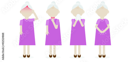 Illustration of elderly woman have a symptoms of a viral infection and respiratory illness. A sick elderly coughs and sneezes, Headache,sore throat, runny nose, fever. Coronavirus COVID-19. 