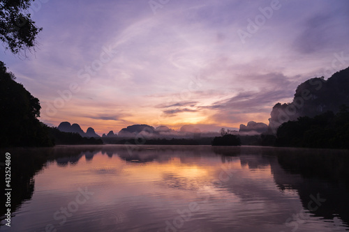 Ban Nong Thale the natural scenery of the sunshine in the morning (mountains, lakes, trees, fog).