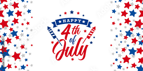 Happy 4th of July since 1776, USA Independence day Celebration design with firework and stars on red, blue, and white starburst abstract background, template. Vector illustration. 