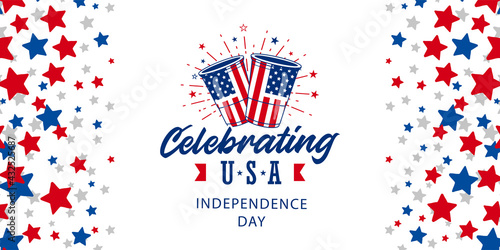 Simple Celebrating USA Independence day design with Beer and fireworks, on red, blue, and white starburst abstract background, template. Vector illustration.
