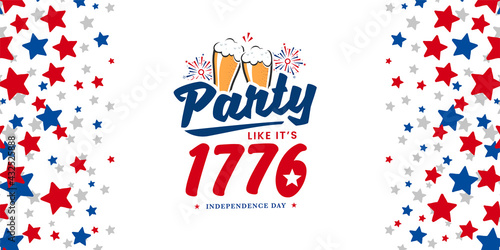 Party like it s 1776  independent day  4th of July celebration design on red  blue and white starburst abstract background  template. Vector illustration. 
