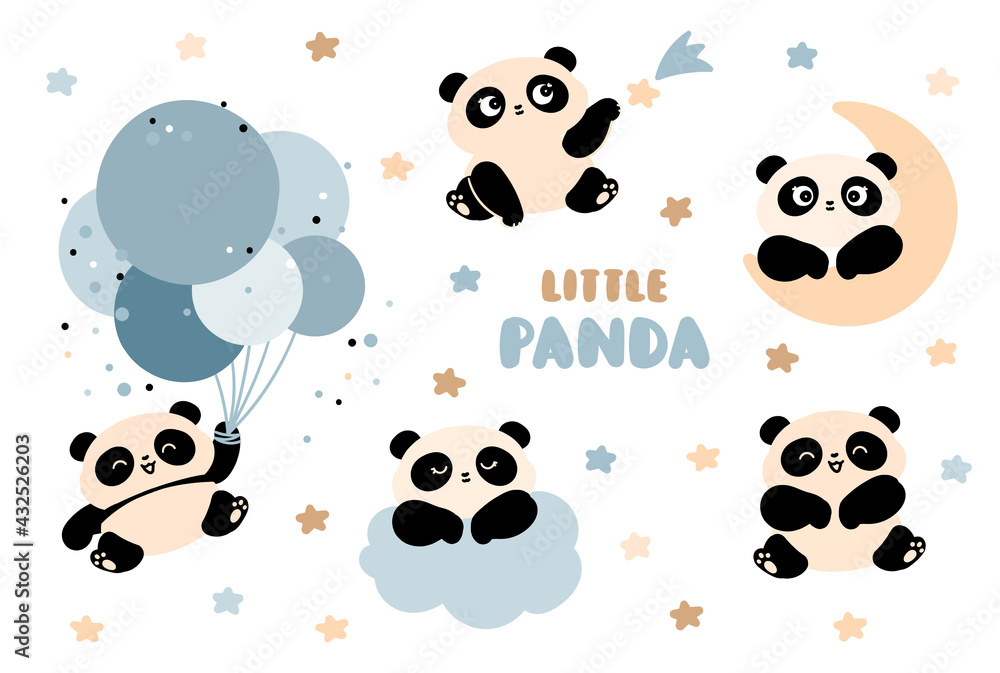 Cute panda set. Stars, moon and clouds for sleep design. Panda flies in hot air balloons. For children's textiles, posters. Cartoon style Cute panda set. Stars, moon and clouds for sleep design. Panda flies in hot air balloons. For children's textiles, posters. Cartoon style