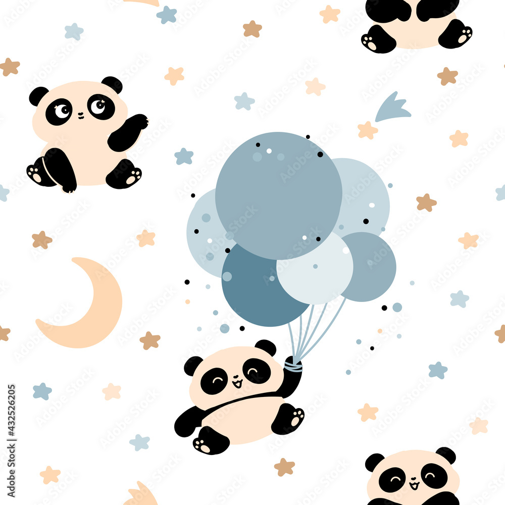 seamless pattern with pandas, stars and balls. Children's design for nursery, baby room seamless pattern with pandas, stars and balls. Children's design for nursery, baby room