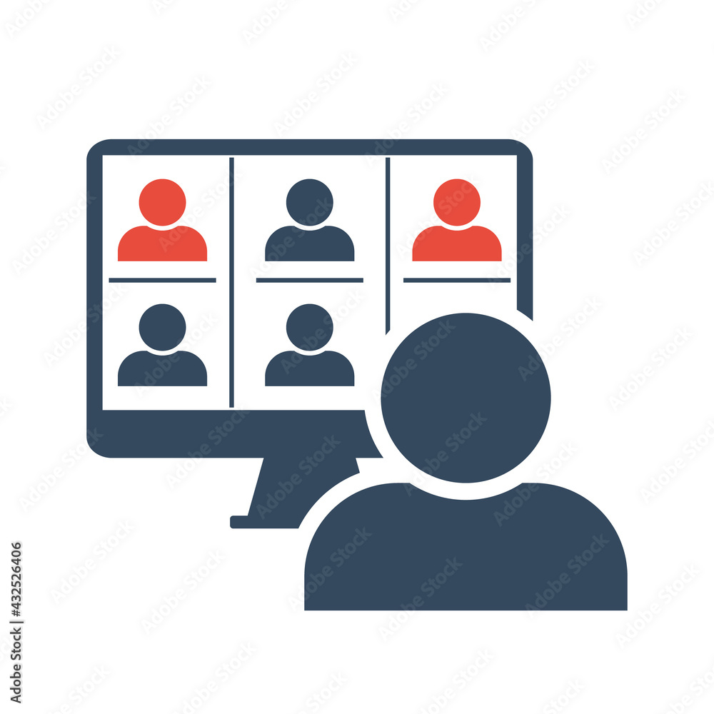 one people in front of pc display with many others, online teaching or distant meeting vector icon one people in front of pc display with many others, online teaching or distant meeting vector icon