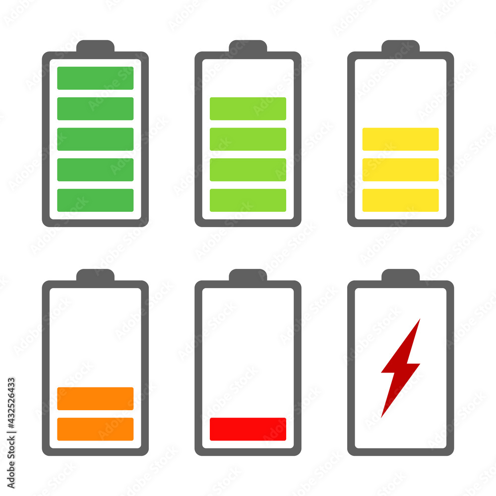 six power level battery icons set, full low charge with different colors six power level battery icons set, full low charge with different colors