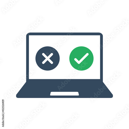 laptop monitor with two options, green check mark selected, online vote or survey vector icon