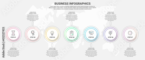 Modern and simple line vector illustration. Infographic template with seven circles, elements. Designed for timeline, web design, banner, levels, chart, interface 7 step diagrams