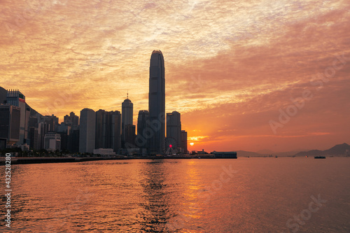 skyline panorama of  Colourful magnificent sunset city view of Central and admiralty  Victoria Harbour  Hong Kong  photo from Wan Chai promenade