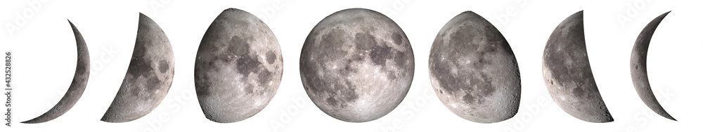 Phases of the Moon set isolated on white: waxing crescent, first quarter, waxing gibbous, full moon, waning gibbous, third guarter, waning crescent, new moon. Elements of this image furnished by NASA. Phases of the Moon set isolated on white: waxing crescent, first quarter, waxing gibbous, full moon, waning gibbous, third guarter, waning crescent, new moon. Elements of this image furnished by NASA.