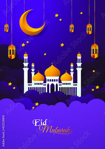 Cut out paper 3d image styled vector illustration mosque, moon, star, and cloud with eid mubarak theme. Perfect for greeting card, poster, banner, flyer, social media post, feed, story, fleet.