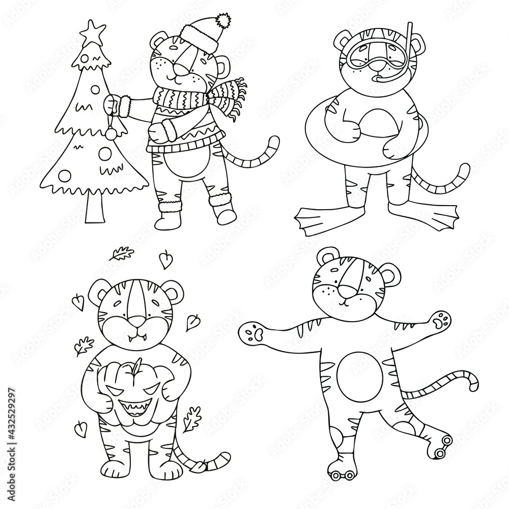 Vector set of tiger cubs in doodle style each corresponds to the old