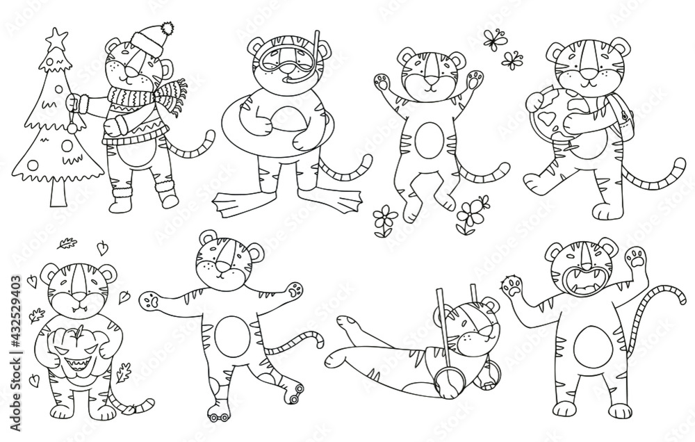 Vector set of tiger cubs in doodle style in different poses. Tigers are drawn with a line for coloring by children.