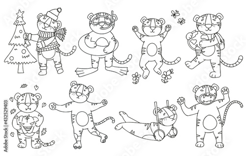 Vector set of tiger cubs in doodle style in different poses. Tigers are drawn with a line for coloring by children. © аля бонд