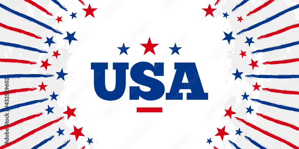 The USA, United States of America design on starburst retro brush, grunge, vintage background. 