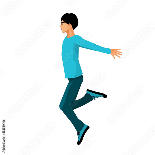 Vector isolated figure of a Korean teenage boy jumping with his hands waiving