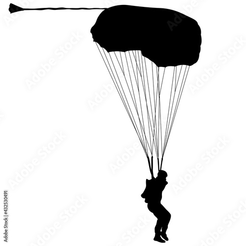 Skydiver, silhouettes parachuting on white background