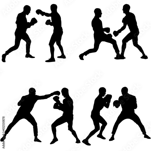 Black set silhouette of an athlete boxer on a white background
