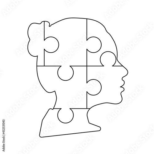 Black detailed woman face profile made up by six puzzles pieces on white