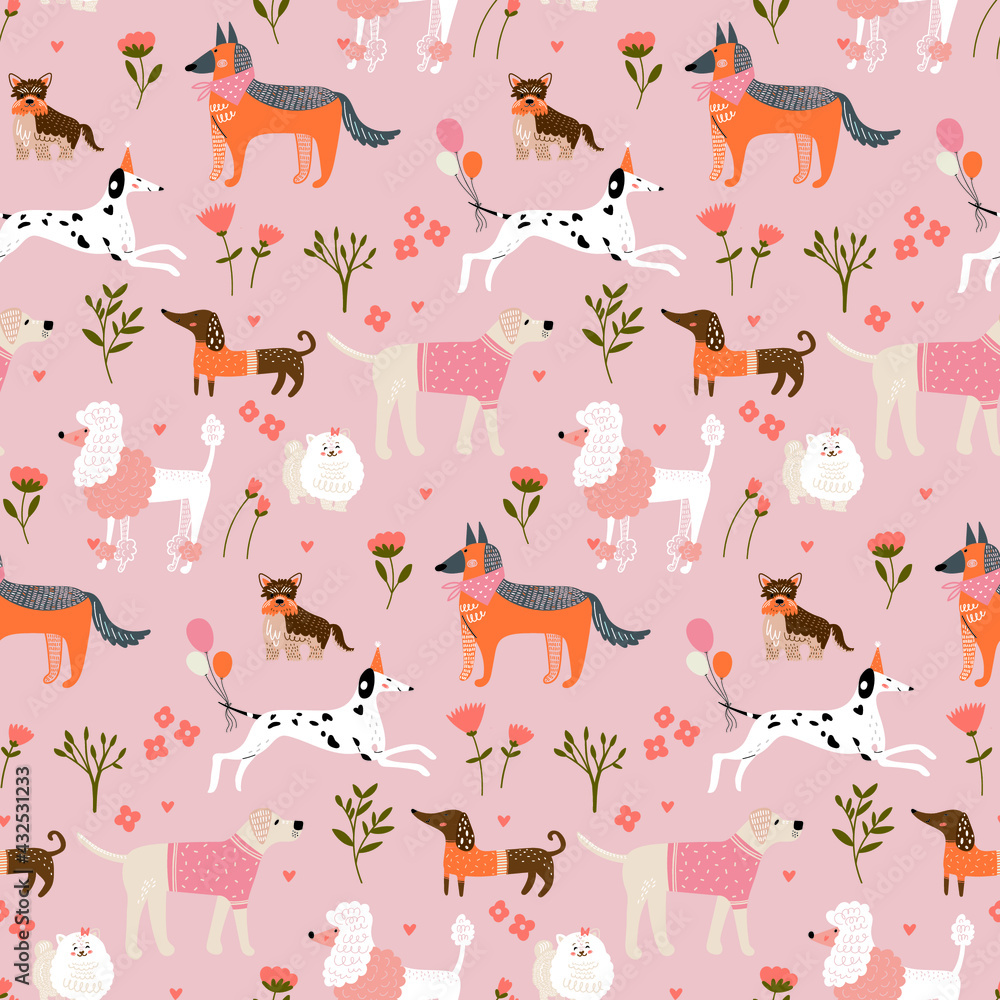 Children's seamless pattern with hand drawn dogs. Trendy scandinavian vector background.