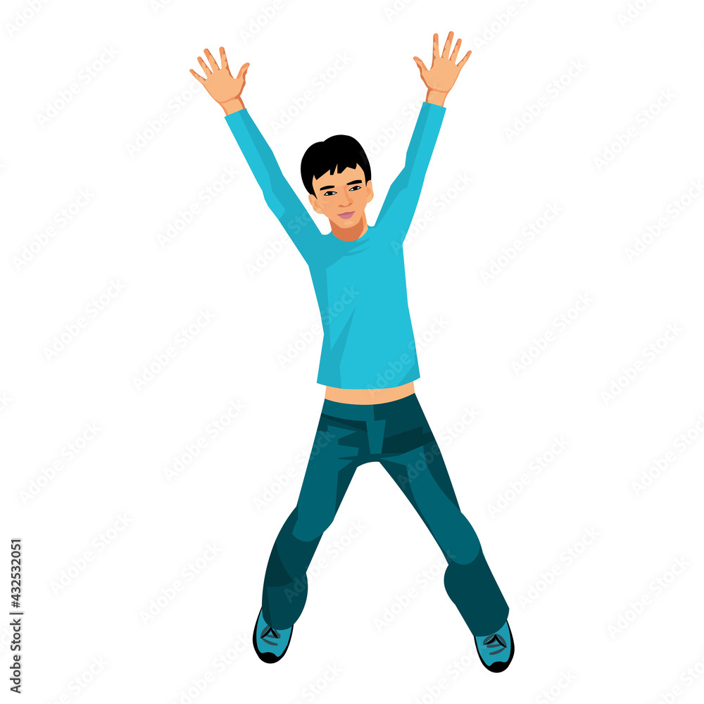 Asian boy jumps with his hands up vector isolated figure