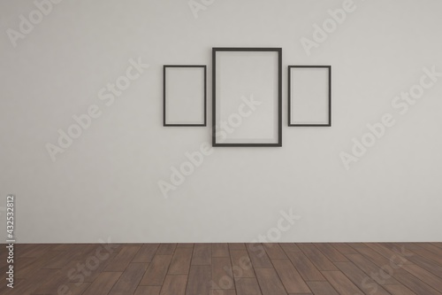 modern room with empty black frames interior design. 3D illustration